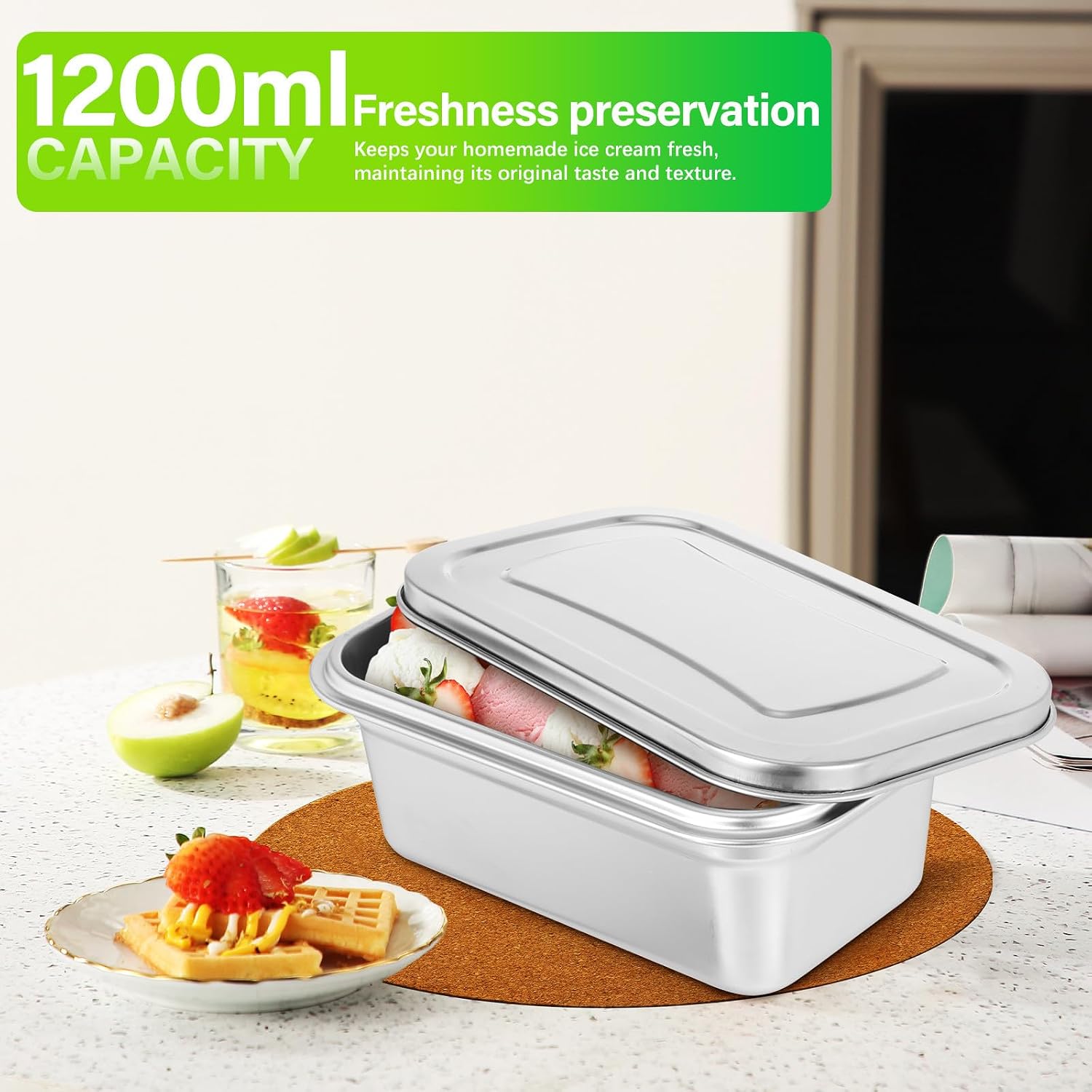 Toyvian Stainless Steel Ice Cream Containers, 2pcs Reusable Metal Freezer Storage Tubs with Airtight Lids Anti-Freezer Burn Homemade Ice Cream Tubs for Gelato Sorbet Kitchen Food Storage