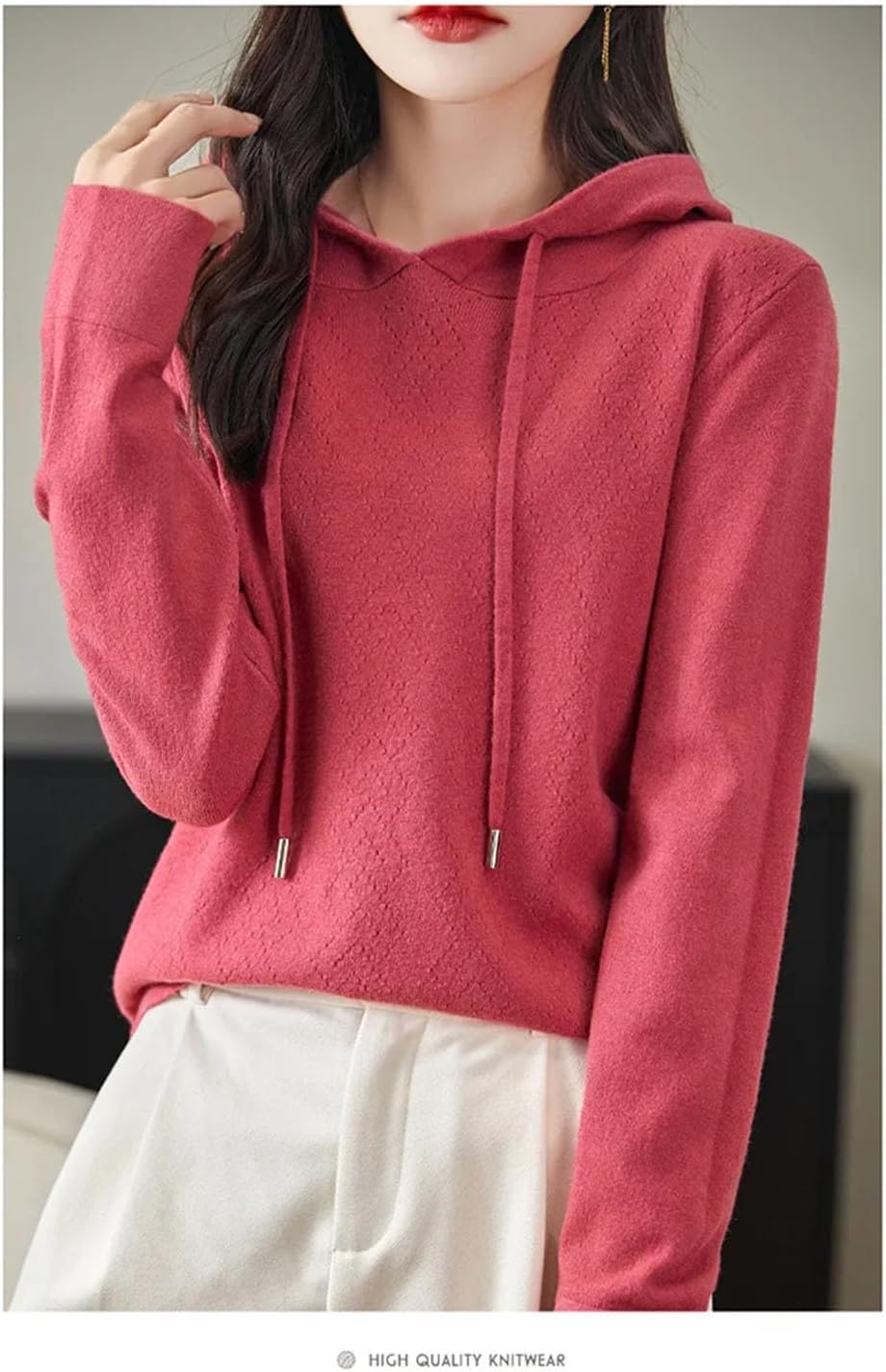 Women's Australian Wool Sweater Long Sleeved O-Neck Drawstring Hoodie Fall Winter Fashion Warm Sweatshirt