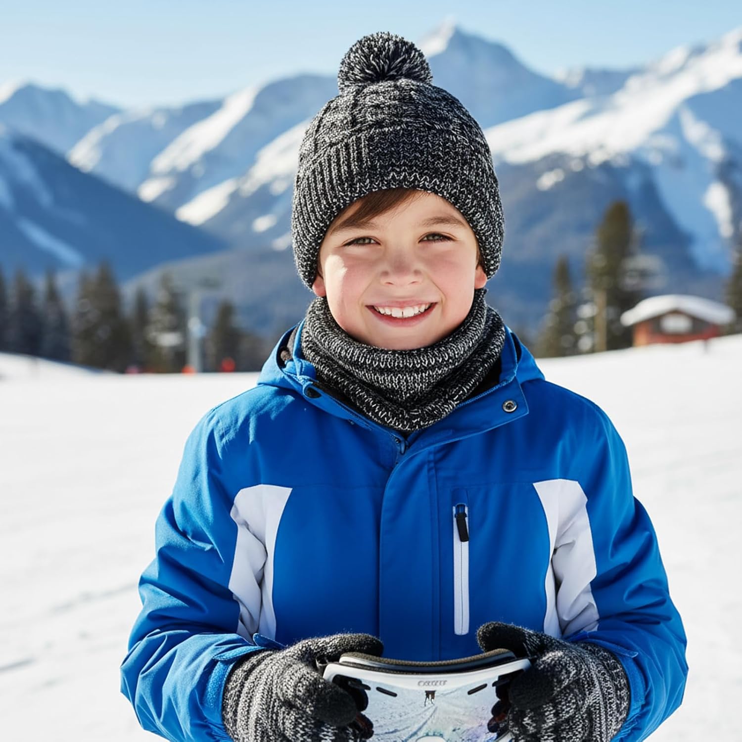 Kid Winter Hats Gloves Scarf Neck Gaiter Set, Warm Fleece Lined Beanie with Pompom Knit Gloves Kit for 3-10 Girls Boy - Image 2