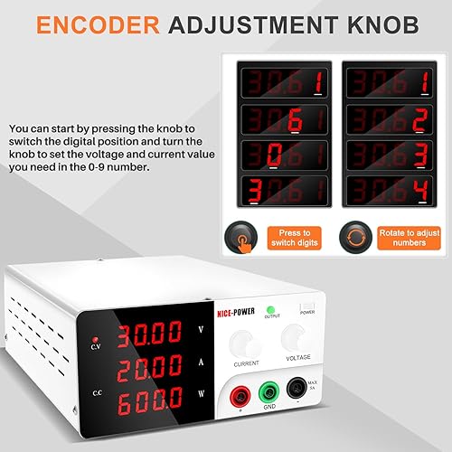 Miniatura 20 de NICE-POWER Fuente de alimentación de CC variable, fuente de alimentación de banco de alta potencia de 30 V 30 A 900 W con perilla de codificador e
