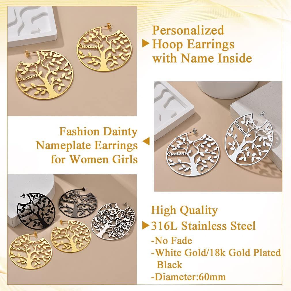 Custom4U Name Hoop Earrings Personalized Custom Tree of Life 1-8 Nameplate Big Drop Earrings Gold Plated/Black/Stainless Steel Customized Memorial Jewelry Gifts for Women Mother Grandma (Gift Box)
