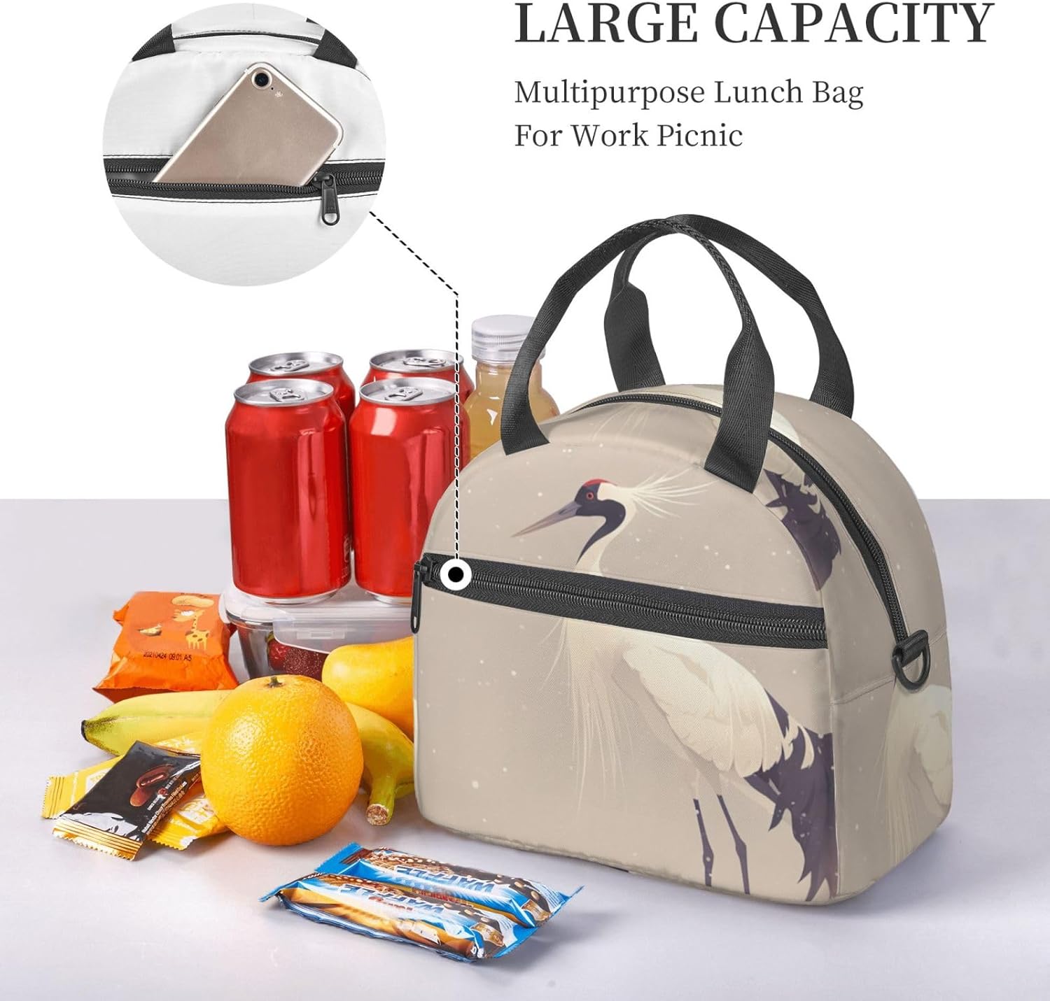 Japanese Crane Print Reusable Lunch Bag Insulated Lunch Boxes for Office Work Picnic Tote Bag Adjustable