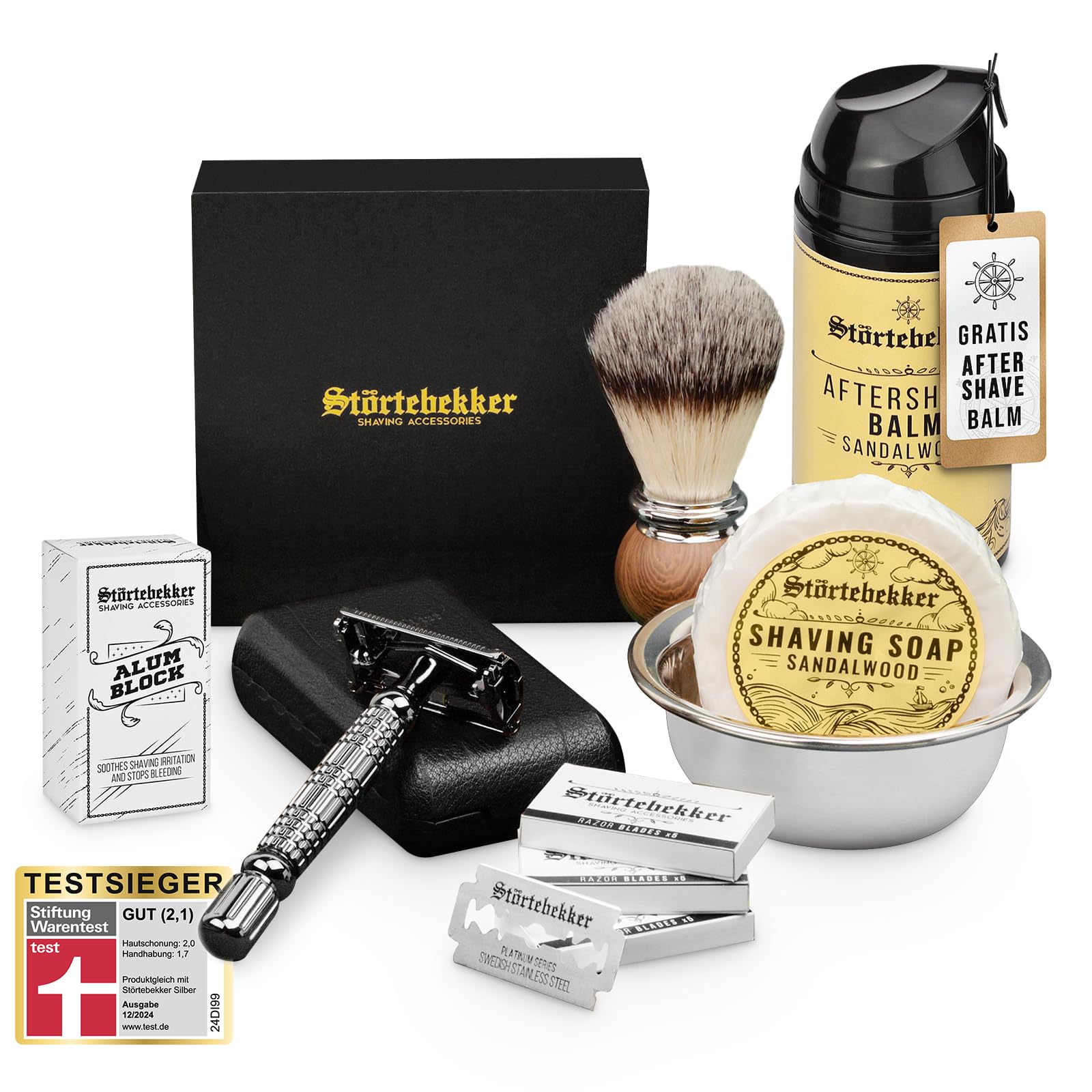 Störtebekker® Premium Shaving Essential Set - Rasierhobel inkl. Lederetui (Schwarz) & 10 Klingen, Rasierpinsel, Rasierseife Sandelholz, Rasierschale, After Shave Balm & Alaunstein - Rasierset Herren