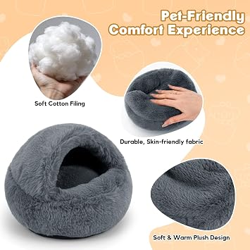 RAINFLOW Plush Guinea Pig Hideout Bed - Grey Fleece Hamster Cave Bed