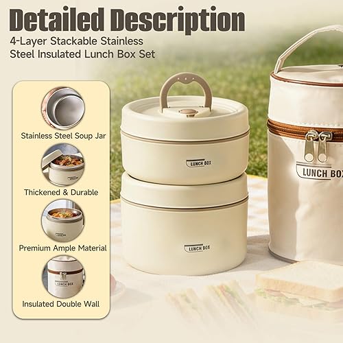 Miniatura 2 de Juego de recipientes de almuerzo aislados de 4 niveles, caja Bento apilable de acero inoxidable con bolsa de almuerzo aislada, recipientes para