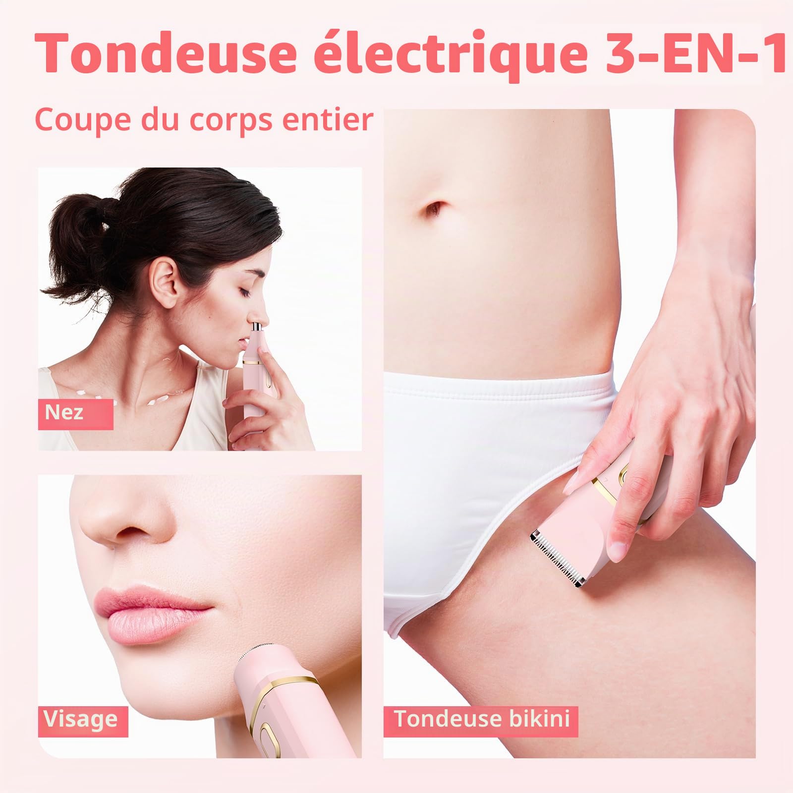 Rasoir Electrique Femme, 3 en 1 Tondeuse électrique Femme Rasoir, épilateur Facial Pour Femmes et Tondeuse Pour Poils du Nez Pour Femmes, Jambes, Bras et Nez