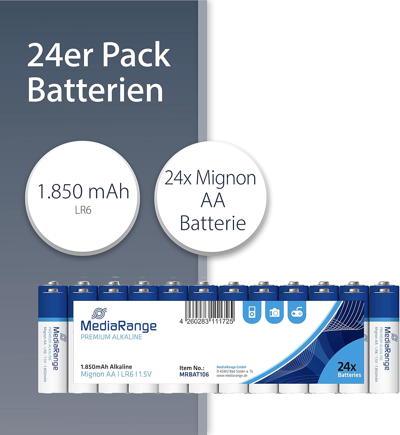 MediaRange Premium Alkaline Batteries, Mignon AA|LR6|1.5V, Pack of 24