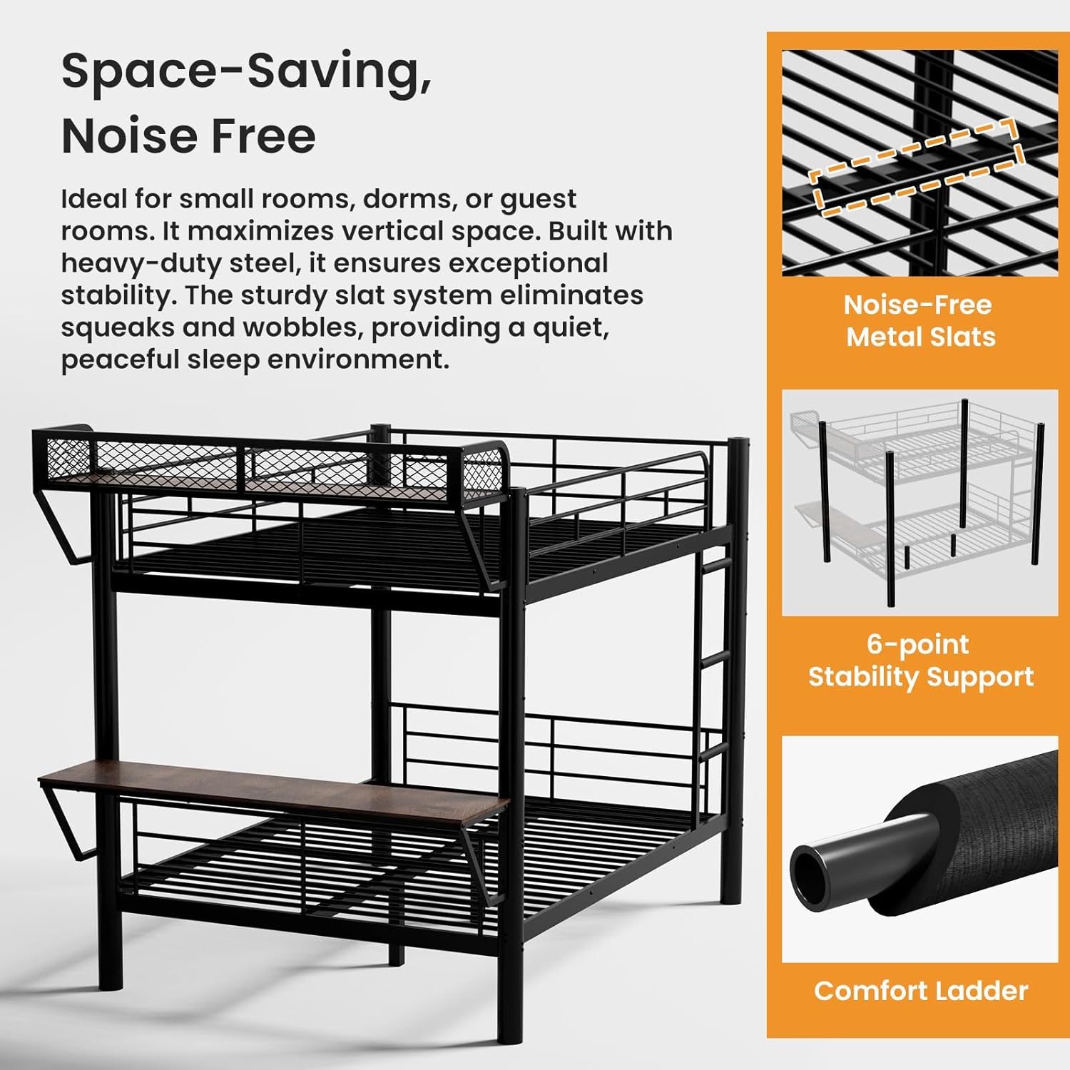 Mixcous Full Over Full Metal Bunk Bed with Desk, Full-Length Guardrails & Extra Storage Space, Heavy Duty Steel Bed Frame with Two Desks, Space-Saving, No Box Spring Needed, Black