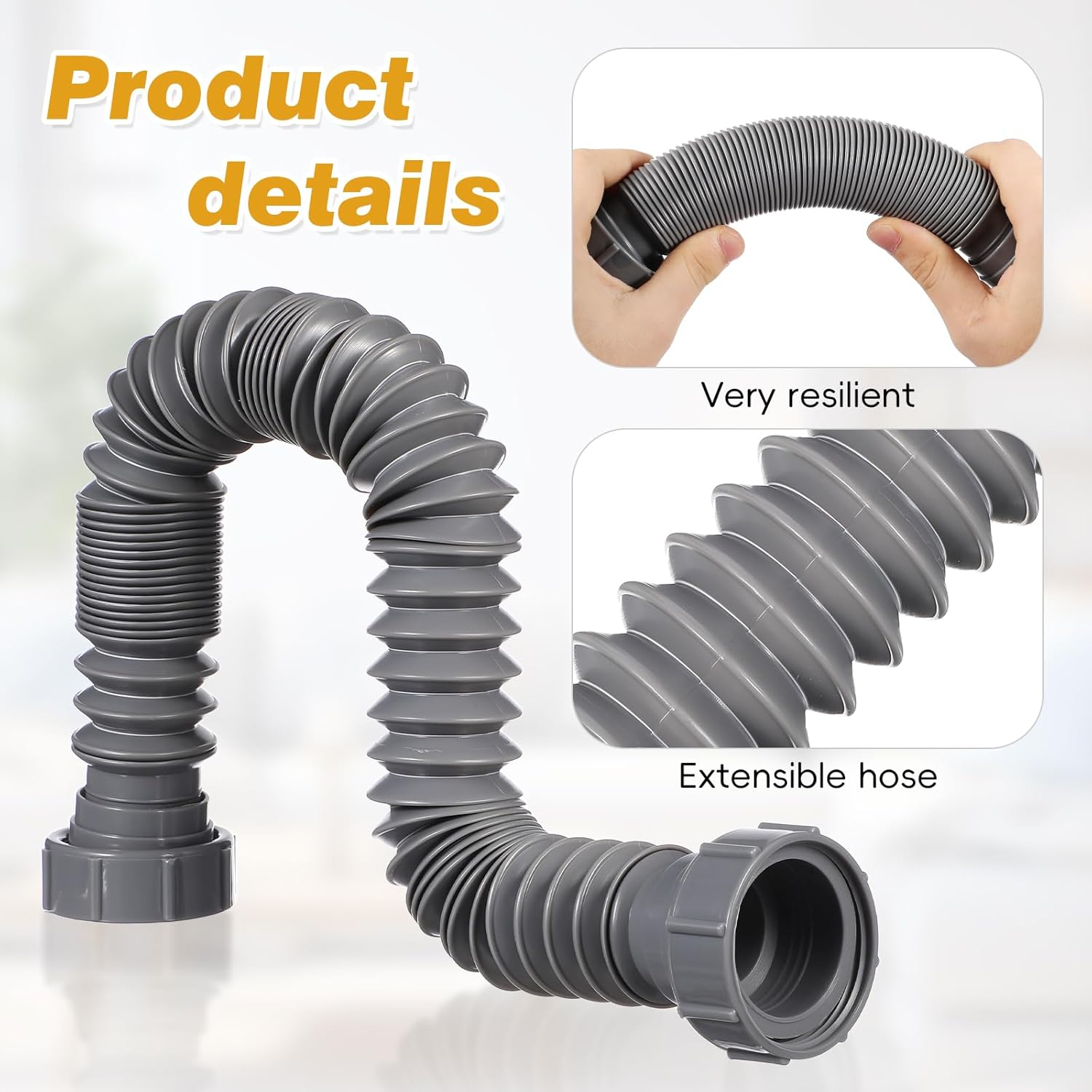 2 Pack Flexible Sink Drain Pipe, Expandable 1-1/2" P Trap Replacement Kit, Universal Adjustable Extension Tube for Bathroom Kitchen Basin Garbage Disposal, Grey, Scalable 9.83-25.9inch