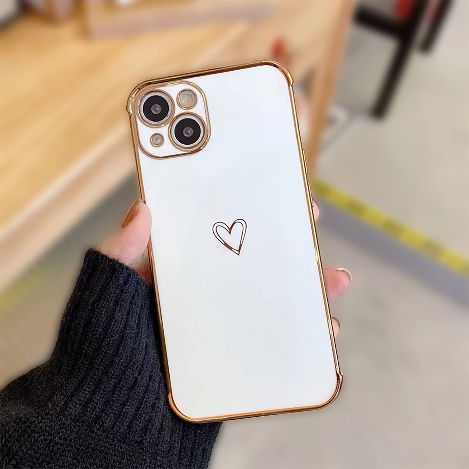 DEFBSC Electroplate Case for iPhone 14 Plus Case with Gold Heart, Luxury Plating Edge Bumper Cute Case with Full Camera Lens Protection for Women
