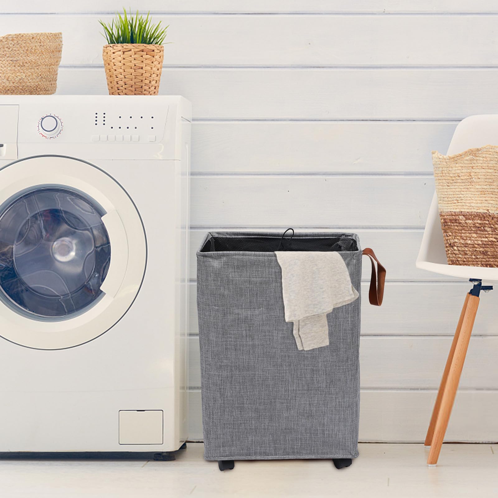 FUOYLOO Bolsa Plegable para Ropa Sucia Ruedas Capacidad 60L Cesto de Tela Asas para Dormitorio y Baño Organizador de Lavandería