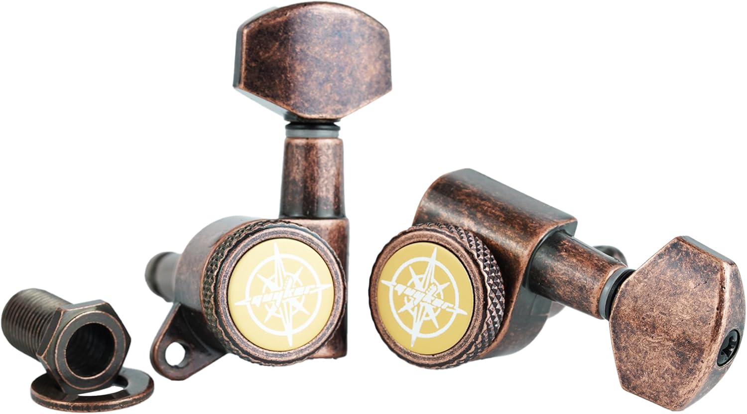 Guyker Guitar Locking Tuners (3L + 3R) - 1:18 Lock String Tuning Key Pegs Machine Head Replacement for ST TL SG LP Style Electric, Folk or Acoustic Guitars - Antique Bronze