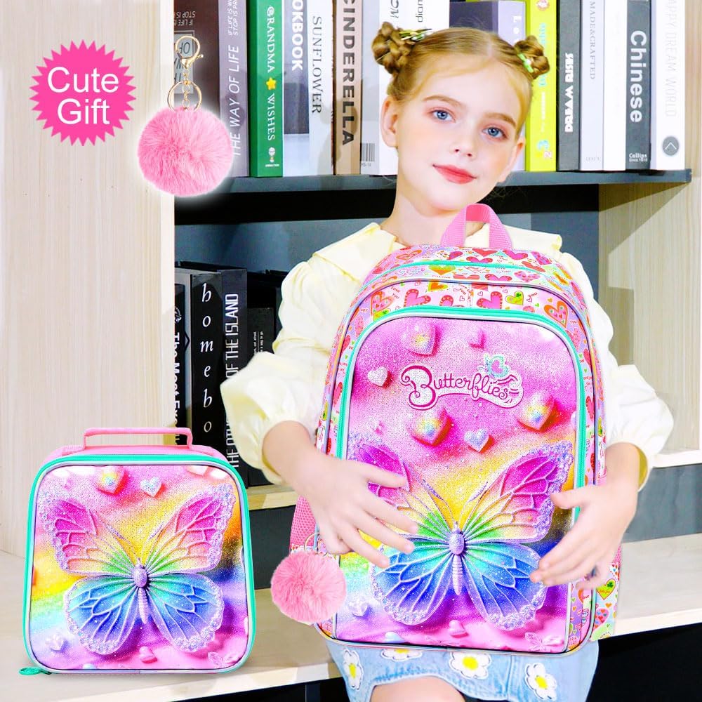 AGSDON 3PCS Backpack for Girls, 16" Little Kids Butterfly Preschool Bookbag, Elementary Backpacks and Lunch Box - Purple - Image 3