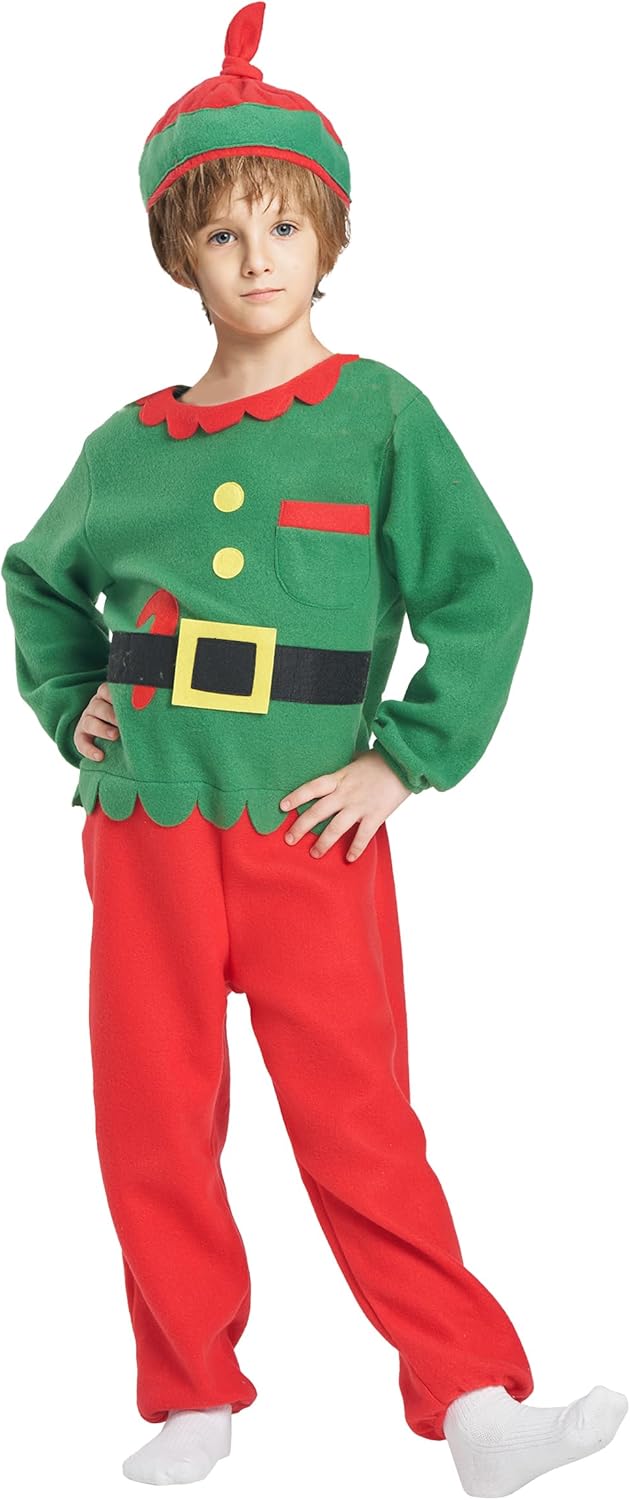IKALI Kids Christmas Santa Elf Costume, Xmas Jumpsuit with Hat Fancy Dress Outfit for Boys 3-10 Years - Image 4