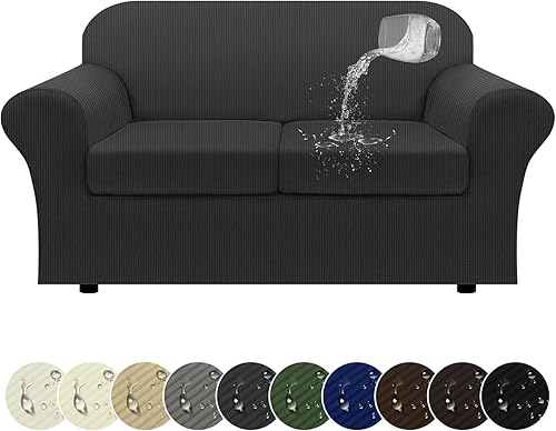 Miniatura 50 de Funda para sofá 100% impermeable, juego de 4 piezas, funda de sofá a rayas para sofá de 3 cojines, con parte inferior de TPU a prueba de fugas