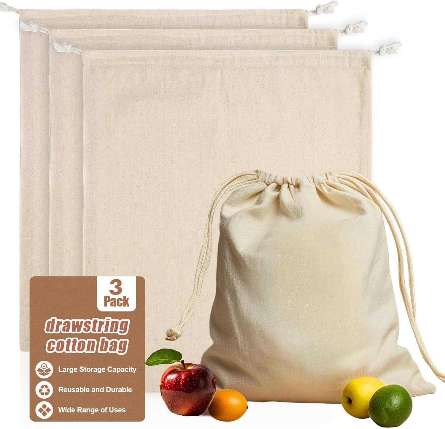 Rainflow Cotton Drawstring Storage Bags 3 Pack - Reusable Washable Muslin Produce Bags 17x15 Inch for Fruits Veggies Clothes Home Organization