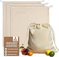 Rainflow Cotton Drawstring Storage Bags 3 Pack - Reusable Washable Muslin Produce Bags 17x15 Inch for Fruits Veggies Clothes Home Organization