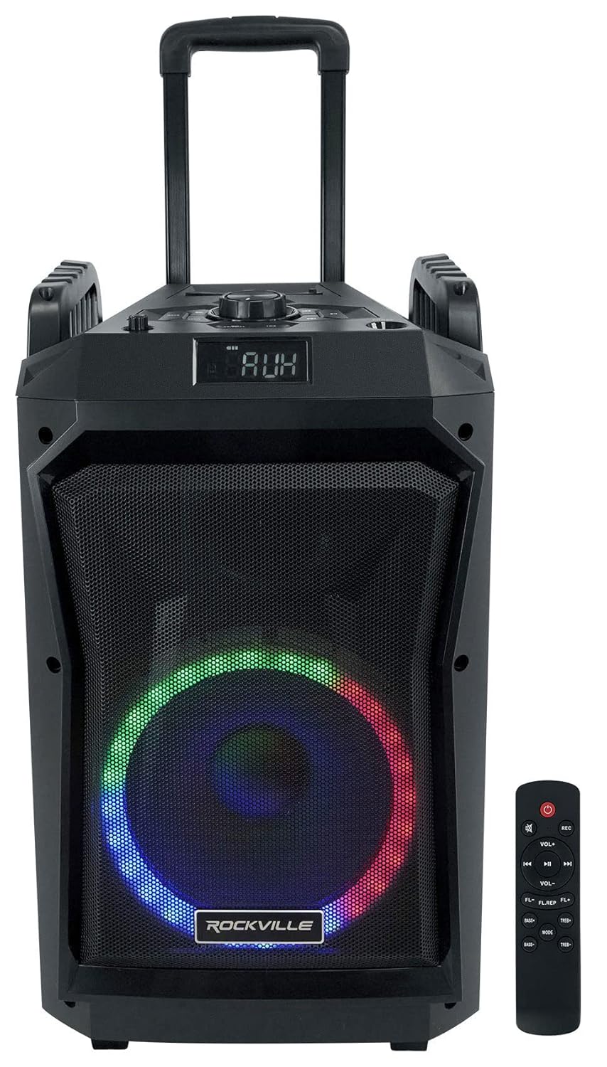 Rockville ROCKNGO 800 10 Portable Bluetooth Speaker LED Lights Wheels Mic Priority for Parties and Outdoor Events