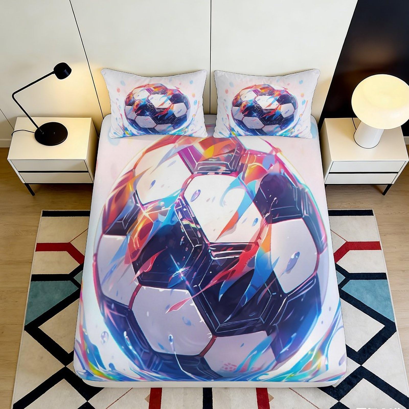 3D Printed Colorful Soccer Ball Fitted Sheet Microfiber Soft Breathable Football Bed Sheet for Bedroom Dorm Decor 90x200x25cm