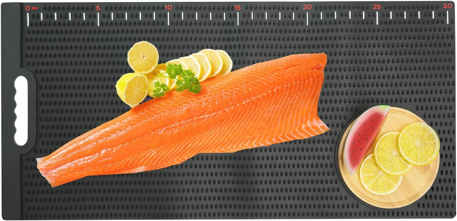 Fish Fillet Mat with Fish Cutting Board, Extra Large 33"x15.75", Non-Slip Fish Cleaning Mat with Measuring Scale, Portable Rollable Fish Fillet Board