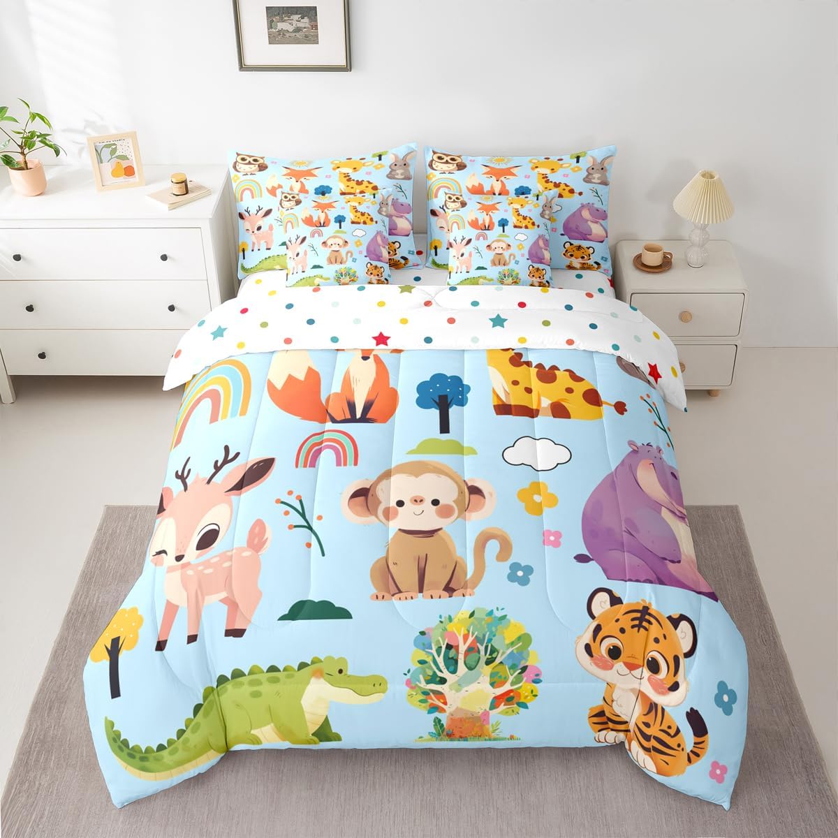 jejeloiu Kids Comforter Set with Sheets 7 Piece Full Size Girls Boys Bedding Set Cute Cartoon Blue Giraffe Monkey Fox Animal Print Bed in a Bag Room Decor Lightweight Microfiber