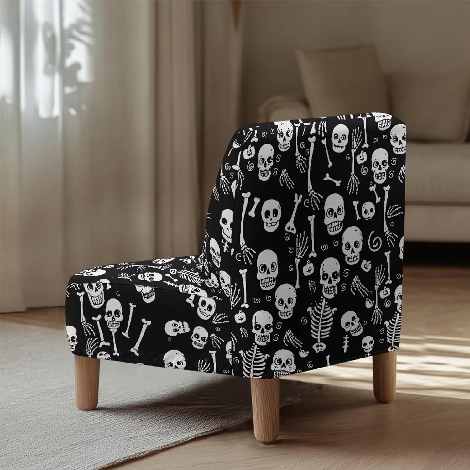 Merkmak Skeleton Skull Armless Accent Chair Cover Slipcovers No Arms Couch Chair Cover Non Slip Single Sofa Protective Slipcover Without Arms for Farmhouse Furniture Protector