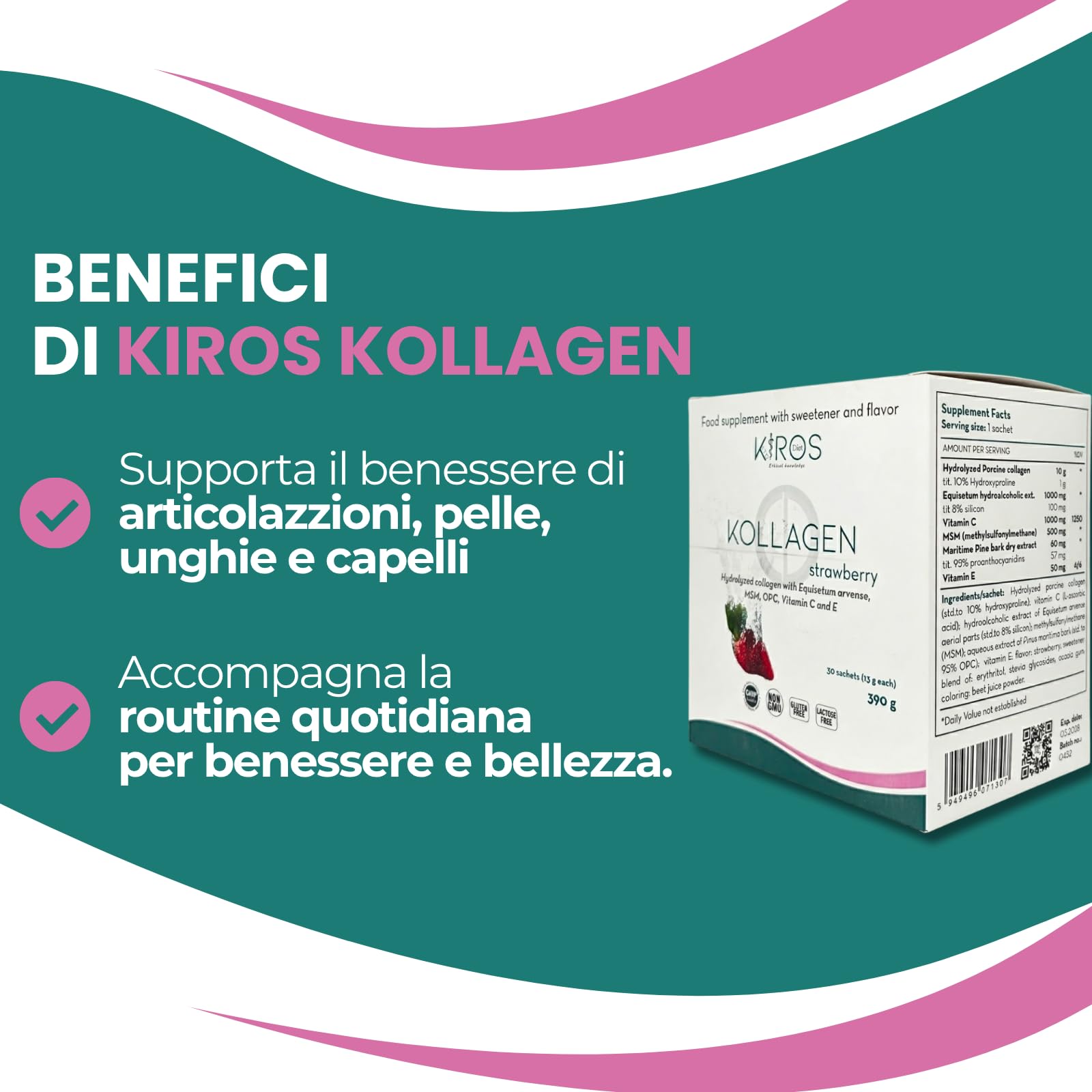 KIROS KOLLAGEN STRAWBERRY – 30 Bustine - Gusto Fragola | Collagene Idrolizzato 10g con Vitamina C, MSM, Silicio ed Equiseto – Integratore per Articolazioni, Pelle, Capelli e Unghie