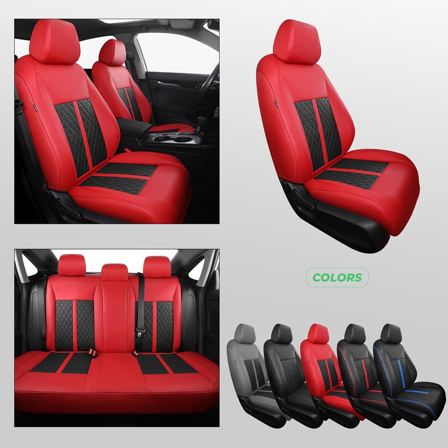 for Honda Civic Leather Seat Covers, Sedan LX 2016 2017 2018 2019 2020 2021, Custom Fit Car Seat Cover Full Set, Waterproof Accessories, Red Black (Solid Bench Seats- W/O Rear Armrest)