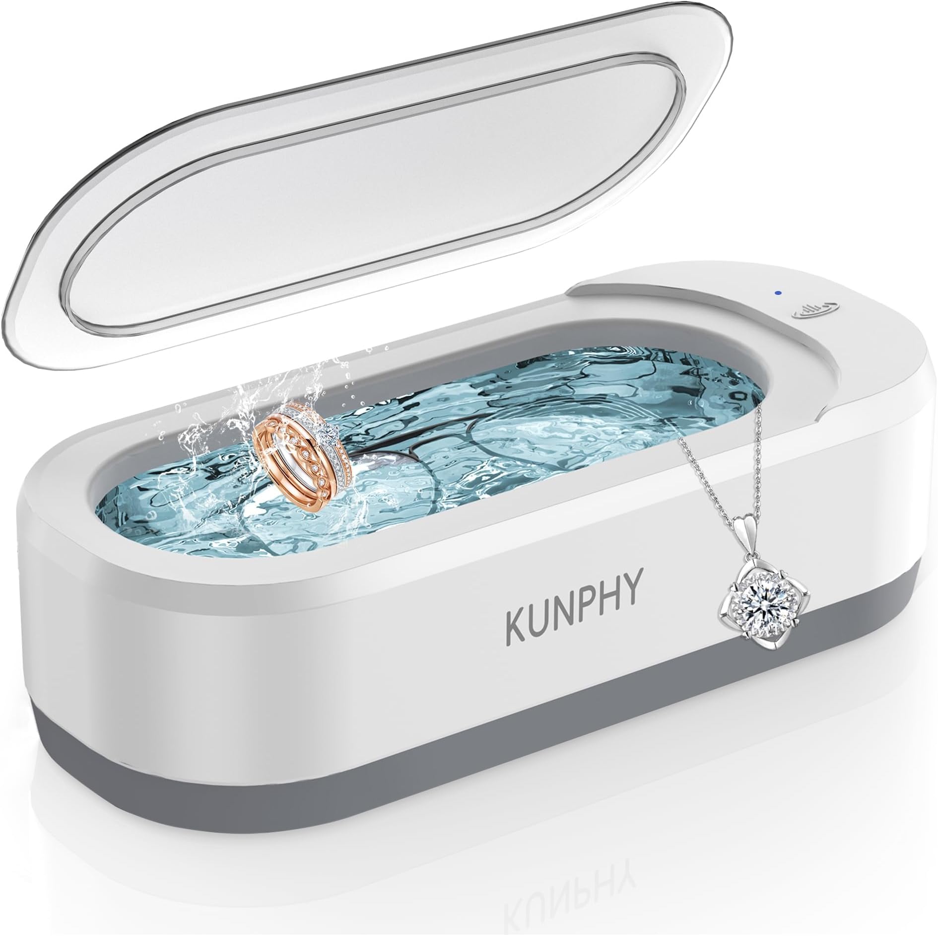KUNPHY Ultrasonic Jewelry Cleaner, Jewelry Cleaner Machine 12oz 46KHz, Professional Sonic Cleaner with One-Touch Operation, Sonic Cleaner for Rings, Glasses, Jewelry, Dentures White