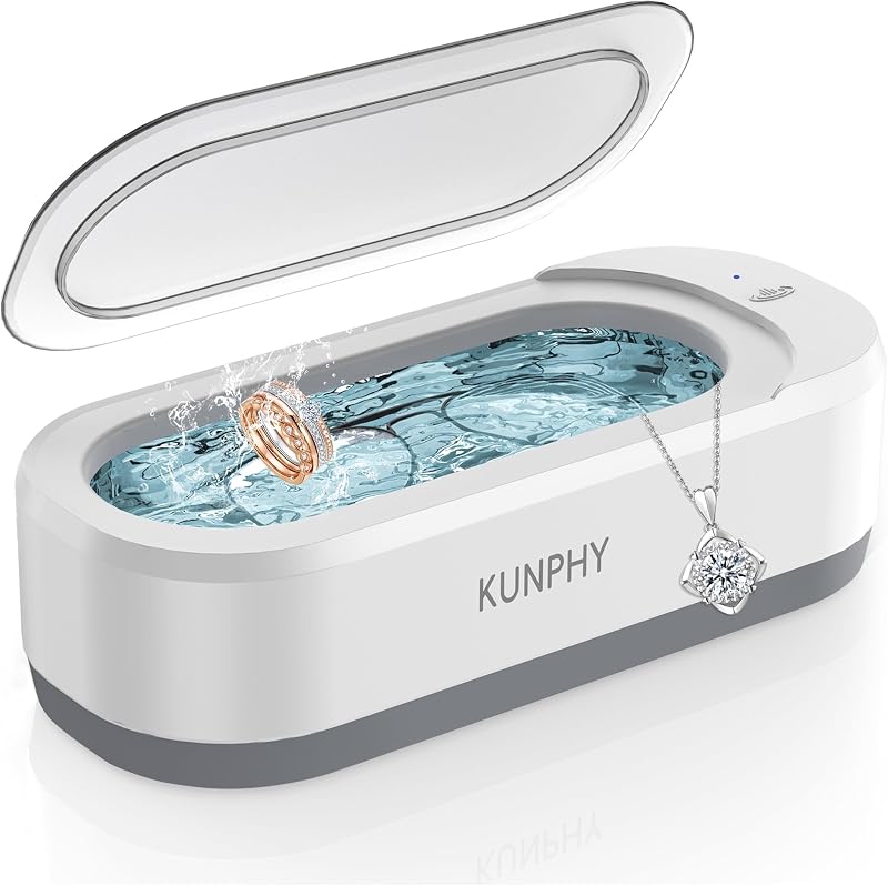 Limpiador de joyas, limpiador ultrasónico KUNPHY de 46 kHz, blanco | Control de un solo toque, tanque de 12 onzas, se adapta a anillos, lentes, joyas, dentaduras postizas, regalo ideal para mujeres, madres, esposas e hijas