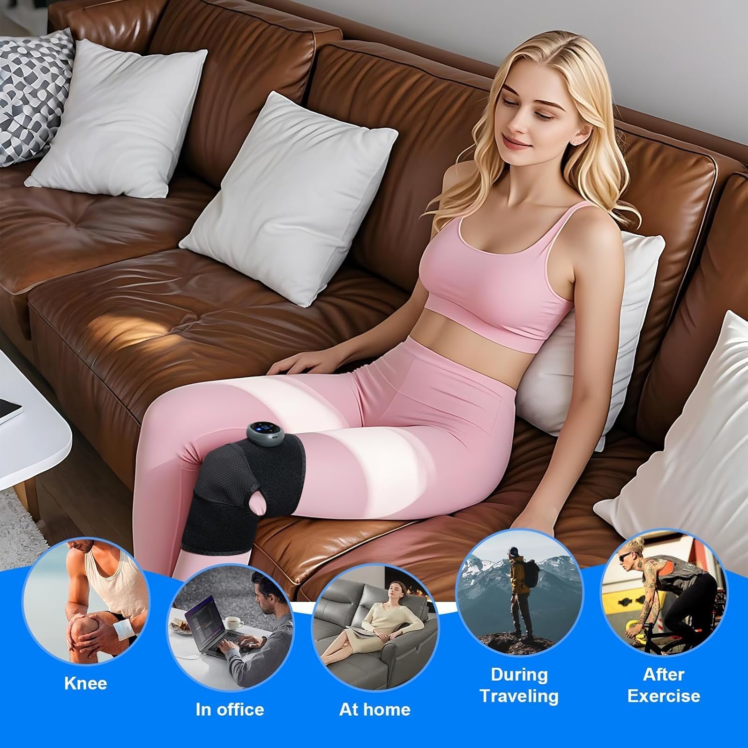 BIBIRE Knee Brace Massager with Heat Vibration, Massage Pain Relief for Joints Elbow Shoulder Ligament and Muscles Injuries, Two Adjustable Straps, for Family Home