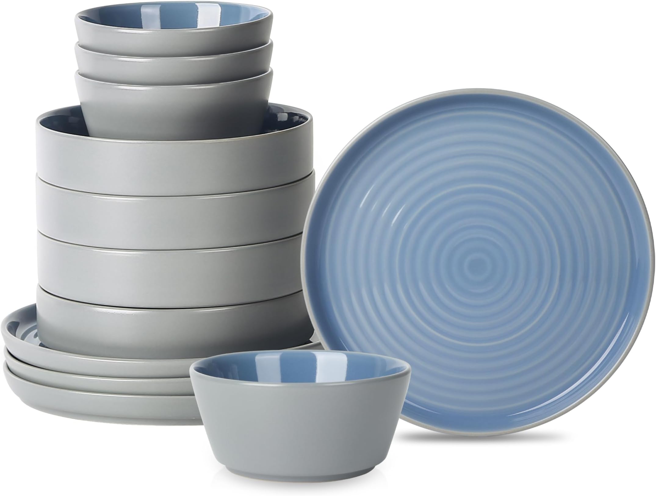 Elica 12-Piece Modern Dinnerware Set Stoneware, Plates and Bowl Sets for 4, Blue and Grey