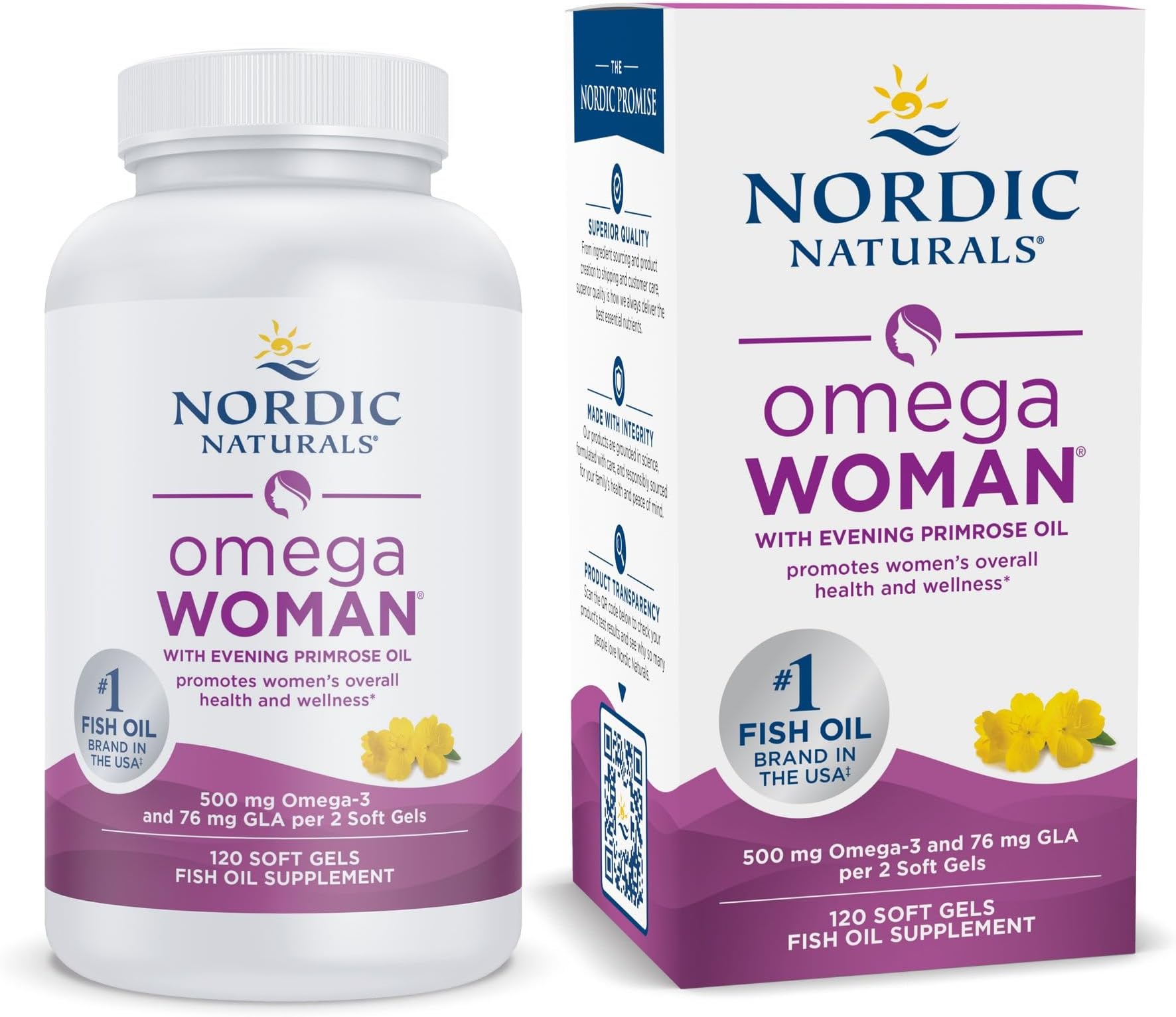 Omega Woman, Lemon - 120 Soft Gels - 500 mg Omega-3 + 800 mg Evening Primrose Oil - Healthy Skin & Optimal Wellness - Non-GMO - 60 Servings