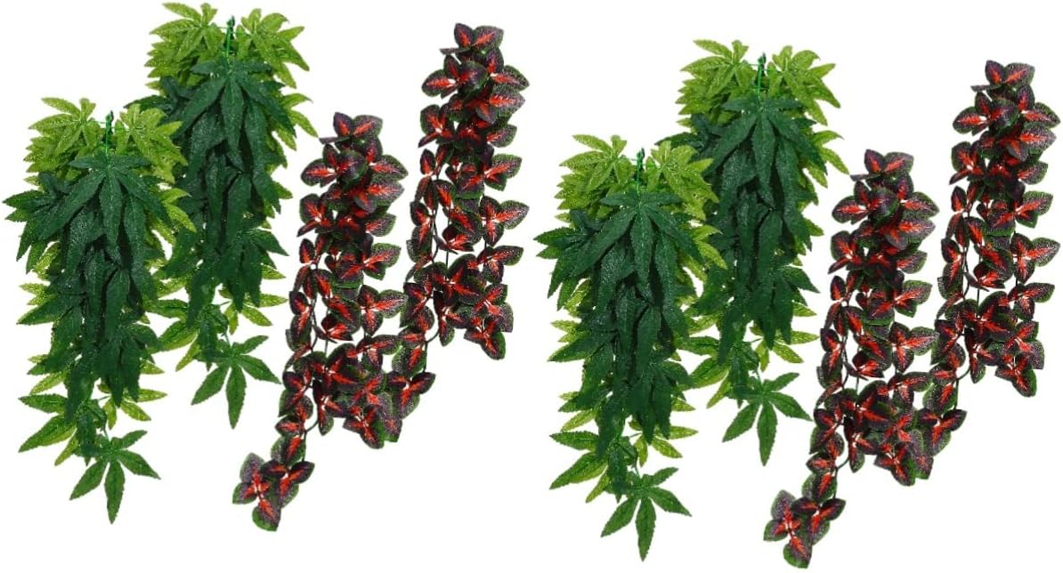 Mikikit 8pcs Artificial Rattan Hanging Plants Cups for Fish Tank and Reptile Habitat Decor Reusable Terrarium Plants for Natural Environment for Lizards and Crabs