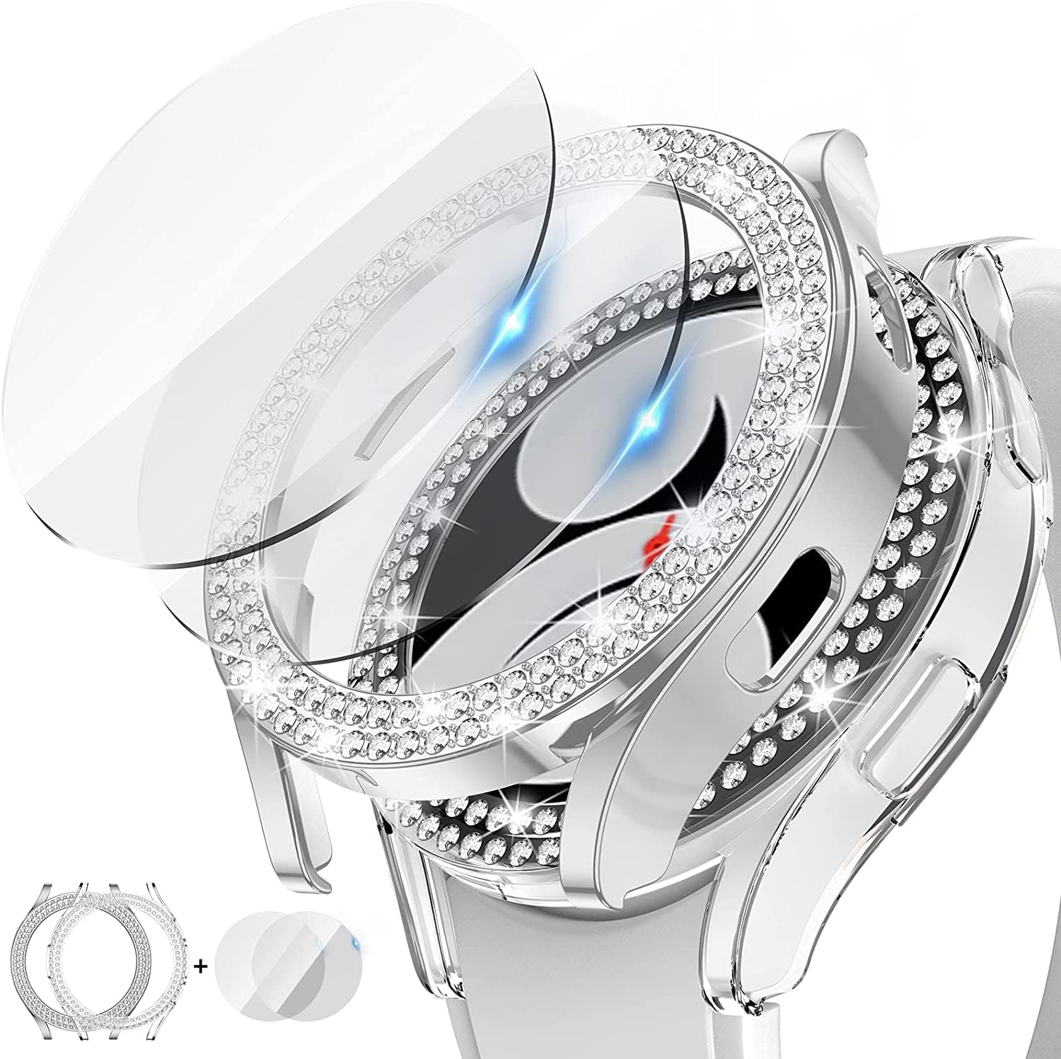 Amazon Com 2 2pack Tensea For Samsung Galaxy Watch 4 Screen Protector And Case 40mm Bling Cover Tempered Glass Protective Film And Hard Pc Bumper Diamond Crystal Frame For Women Girls 40mm Clear Silver