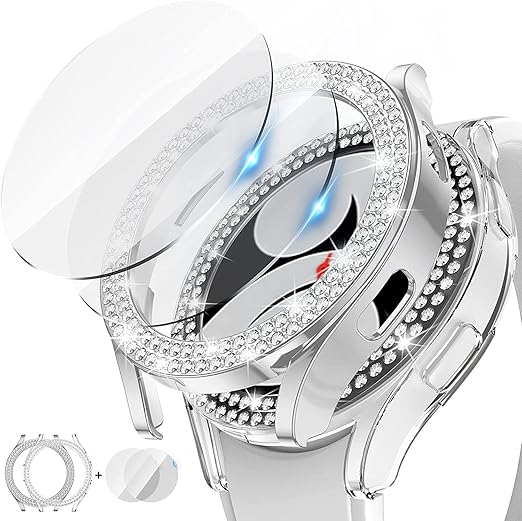 Amazon Com 2 2pack Tensea For Samsung Galaxy Watch 4 Screen Protector And Case 40mm Bling Cover Tempered Glass Protective Film And Hard Pc Bumper Diamond Crystal Frame For Women Girls 40mm Clear Silver