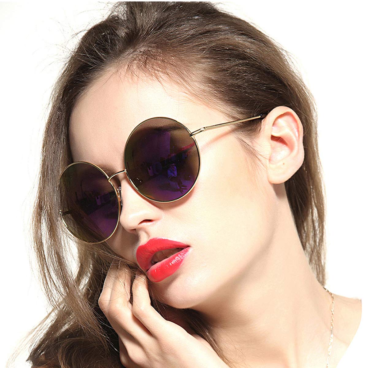 Occhiali da sole da donna oversize cerchio rotondo mirrored hippie, montatura in metallo viola X-Large, Lilla