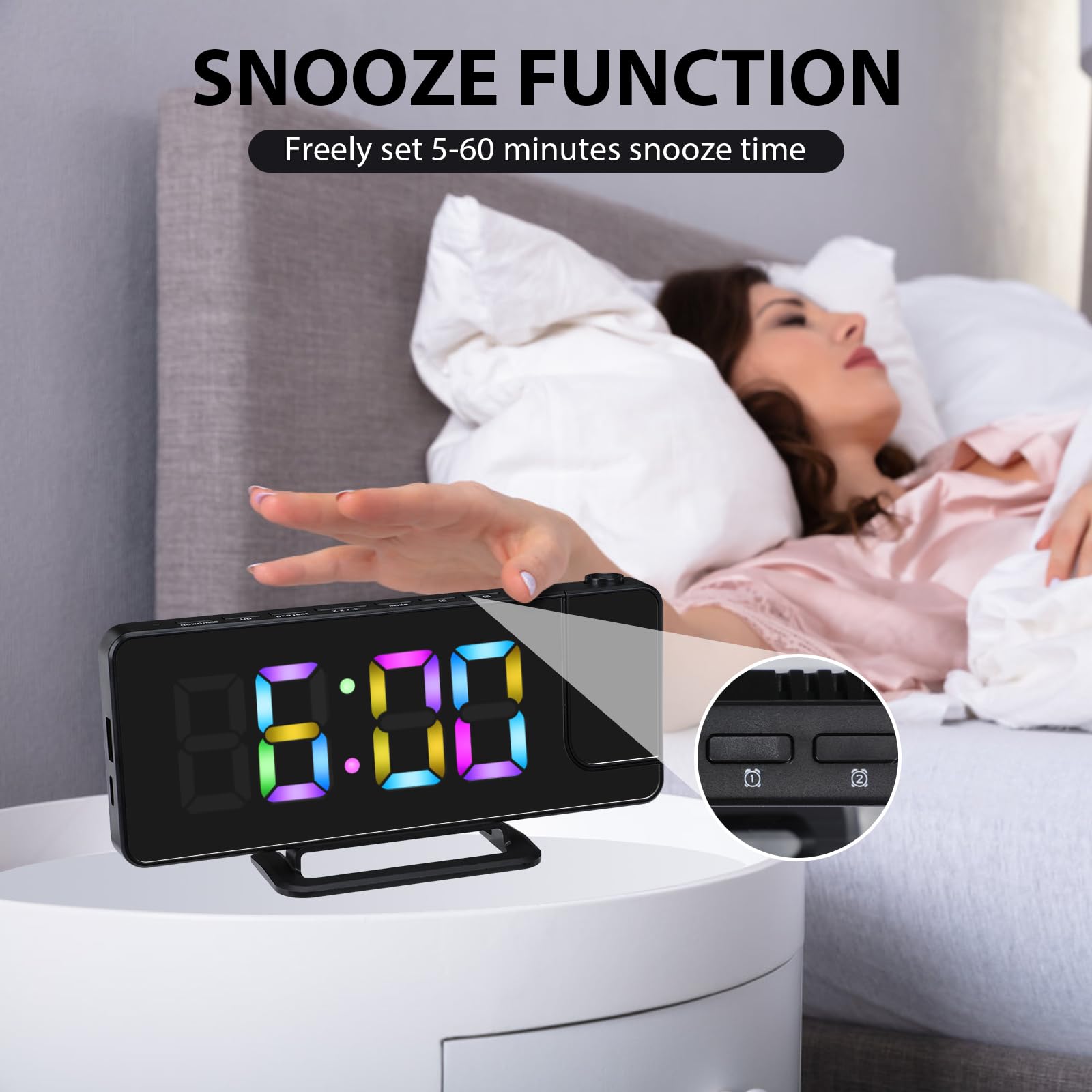 Réveil Numérique Avec Projecteur Et écran RVB - Miroir Intégré - Luminosité 6 Niveaux Réglable - Rotation 180° - Fonction Snooze - Blanc