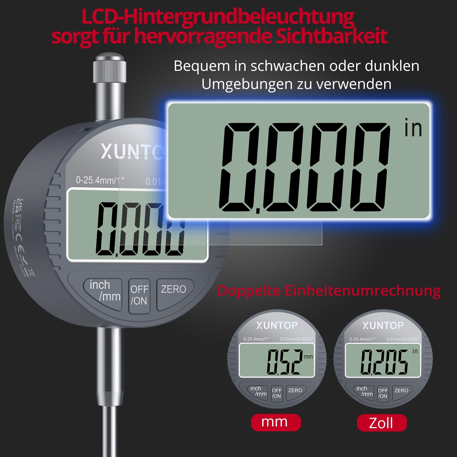 XUNTOP Digital Messuhr Präzisions Messuhr Flexibler Arm mit Magnetfuß Hochpräzisionsmessuhr 176lbs 0-1 Inch/25.4 mm für Industrieanwendungen