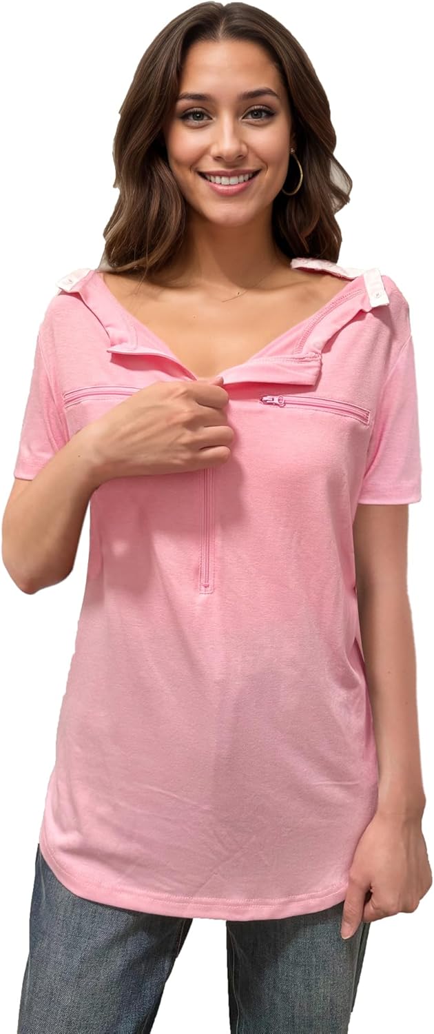 Youdiao Chemo Port Shirts for Women Short Sleeve Post-Surgery Recovery with 2 Side Snaps Dual Zipper Dialysis Cancer Clothing - Image 3