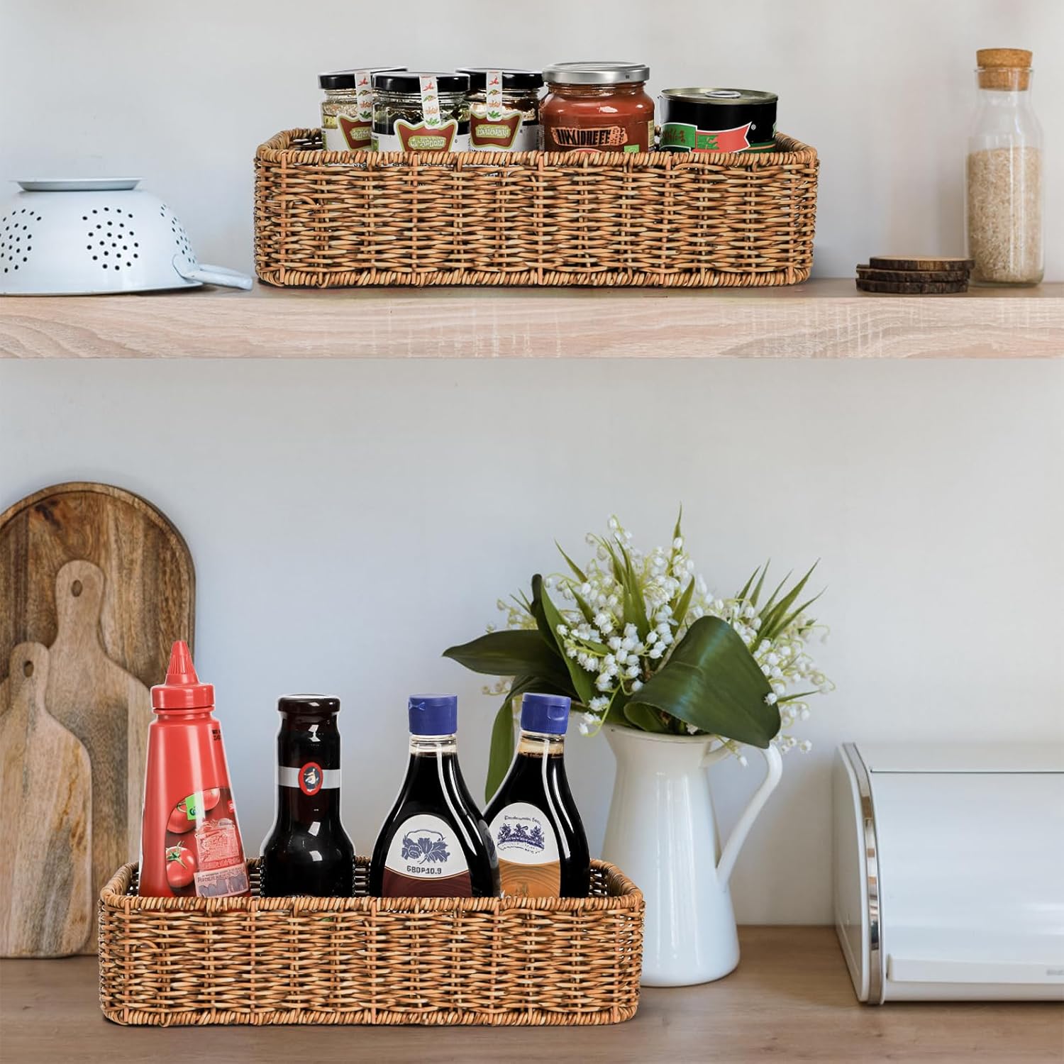 ZAVOOS 2 Pack Toilet Tank Basket, Handwoven Rectangular Wicker Shelf Baskets for Organizing, Decorative Countertop Storage Bin with Built-in Handle for Bathroom Tank Top, Bedroom Closet