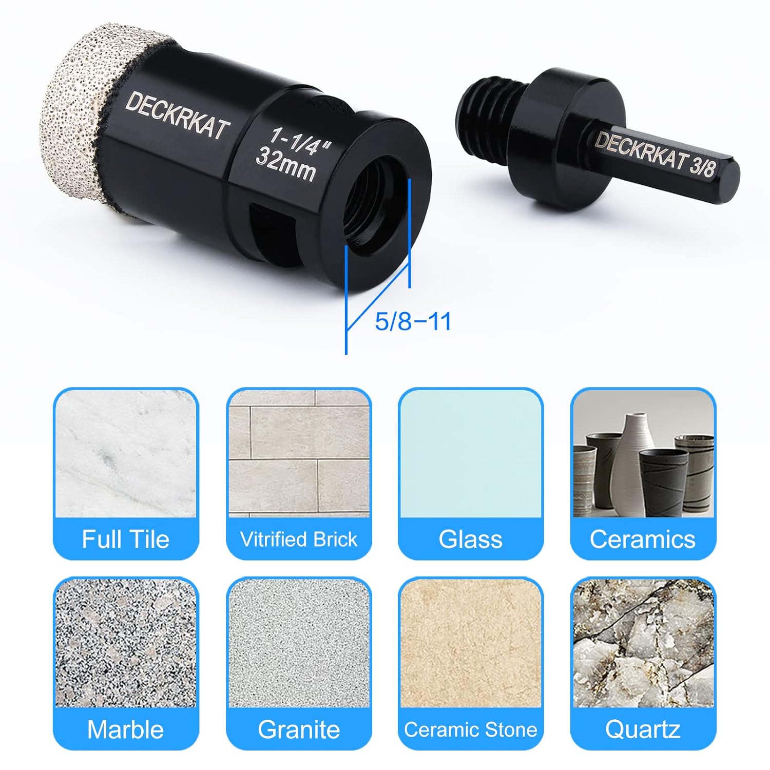 Diamond Core Drill Bit 1-1/4” 32mm Vacuum Brazed Hole Saw with Flutes for Granite Quartz Hard Porcelain Tile with 5/8-11 Female Thread & 3/8” Hex Shank Adapter Fit Angle Grinders & Drills