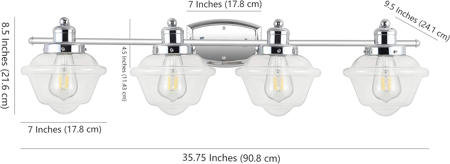 JONATHAN Y 35.75" Chrome Schoolhouse LED Vanity Light, Mid-Century Wall Sconce for Bathroom Kitchen Hallway, Clear Glass Shade, 2700K LED Bulb Included (JYL3533A)