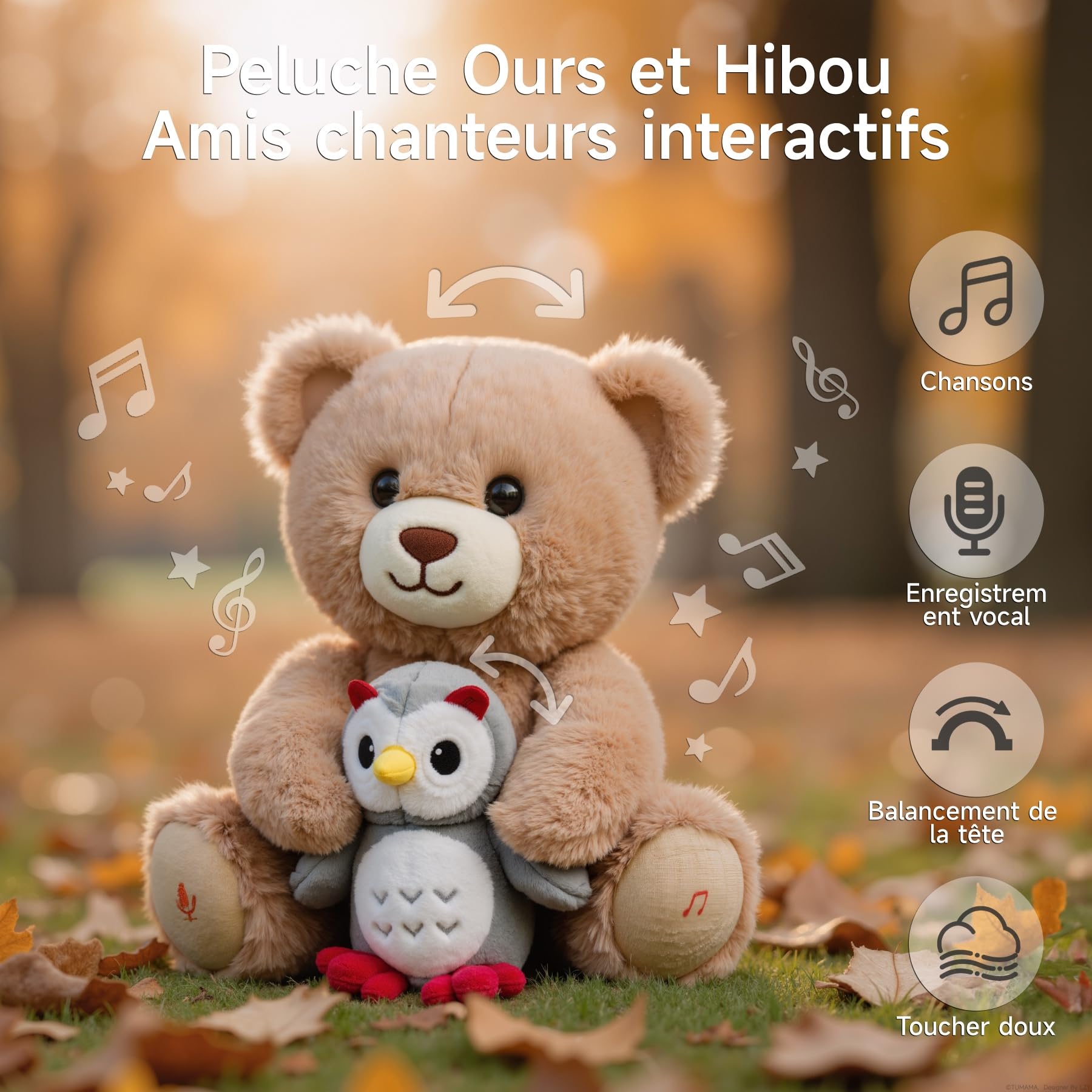 Ours en Peluche Musicale avec Hibou, Nounours Interactive Parlant, Jouet en Peluche Qui Enregistre et Répète, Cadeau pour Bébé Fille Garçon