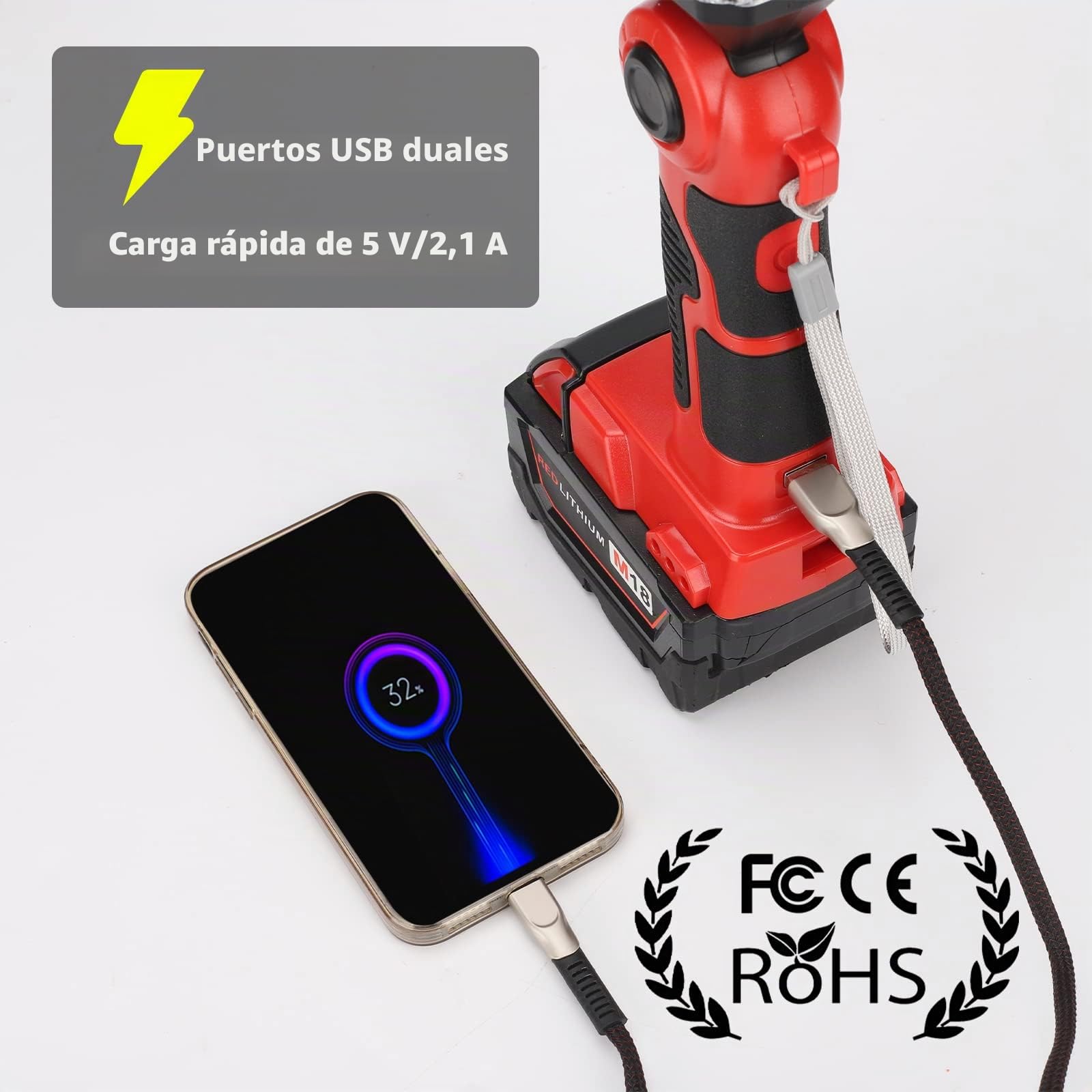 Taingwei Luz de trabajo LED de 2000 lm para batería de litio Milwaukee m18, linterna de 25 W para camping, reparación de automóviles, iluminación de emergencia e iluminación en el lugar de trabajo