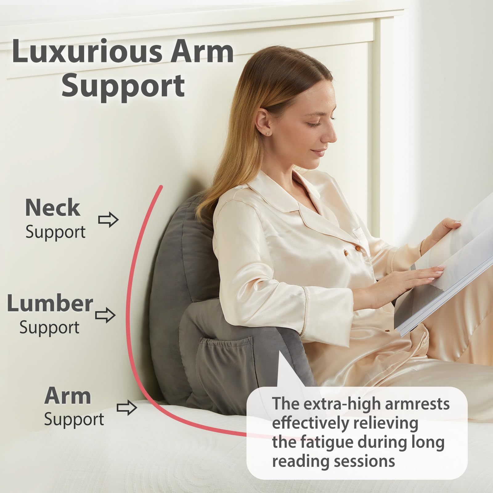 anfutek Reading Pillow for Bed Adult with Storage – Backrest Pillow and Back Pillow for Bed Sitting Up, Ergonomic Reading Pillow with Arms for Support and Comfort,Gray