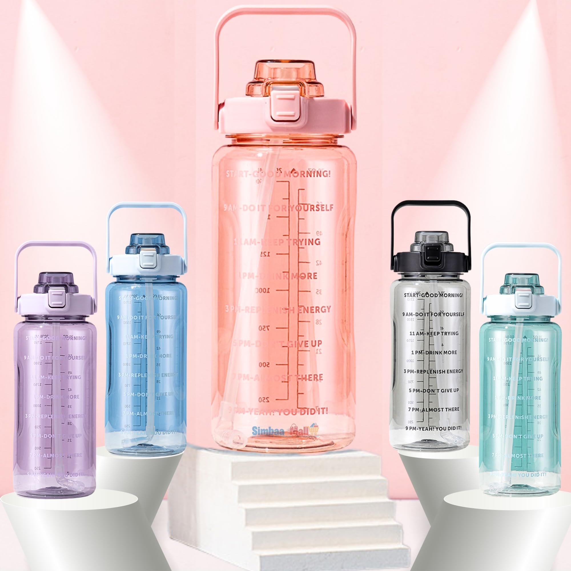 Simbaa Mall™ Motivational Large Water Bottle 2 Liters With Time Markers Reminder,BPA Free Leak-proof Reusable Bottle With Removable Straw & Handle, Clear Bottle for Kids, Gym, Fitness |5 Colors (Pink)