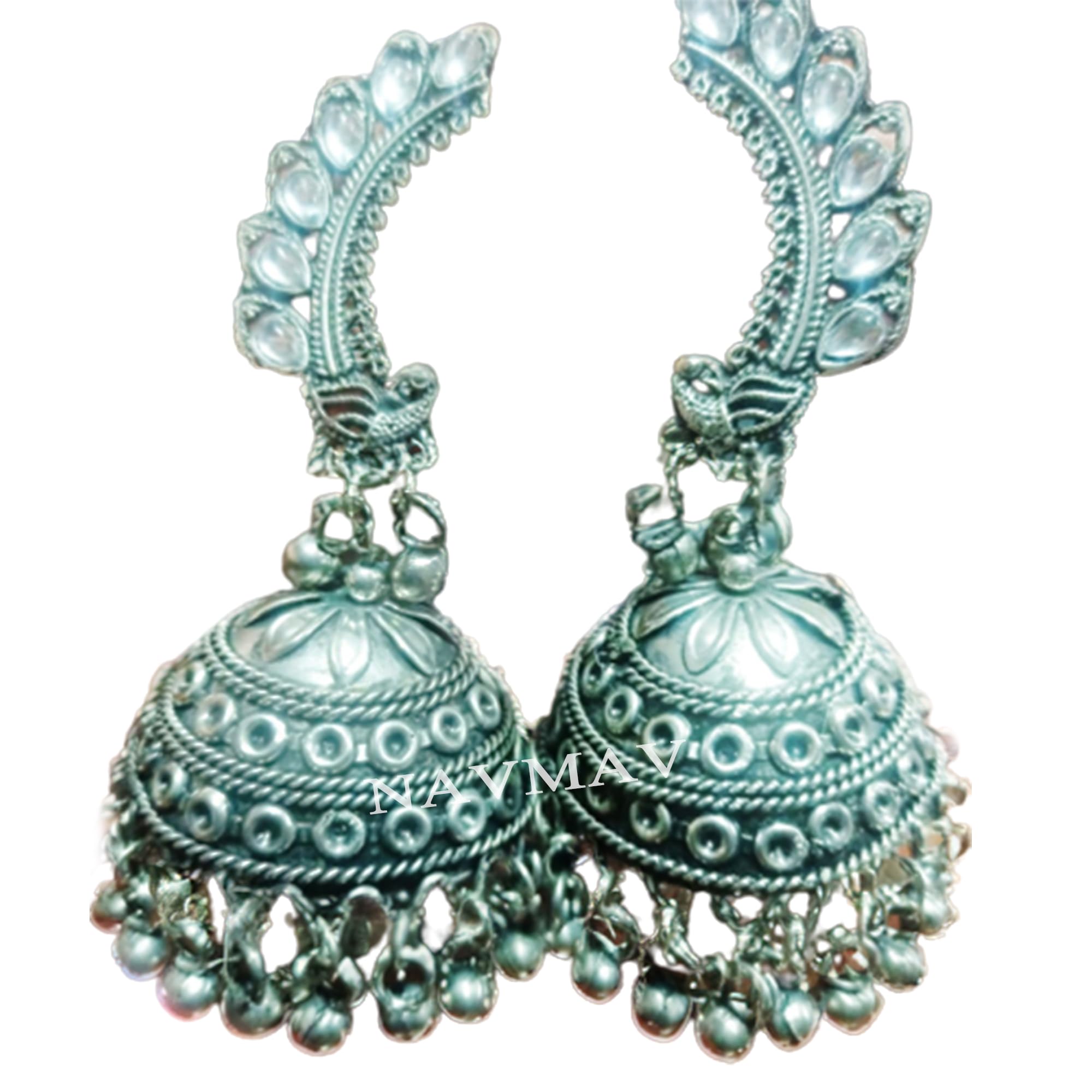NAVMAV Traditional Mirror Chandbali Jhumka Peacock And Bahubali Temple Design Earring With White Pearl Ear Long Hair Chain For Girls & Women White Oxidised Bahubali Jhumki (B0C8Z9XST7) Amazon Price History, Amazon Price Tracker