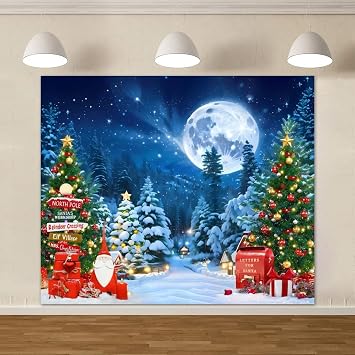 8x6ft Christmas North Pole Backdrop Xmas Tree Banner Background | Vinyl,Winter Snowy Ground Night,Fairytale Forest,Xmas Party Photo Booth,Festival Decorations Studio Props Supplies