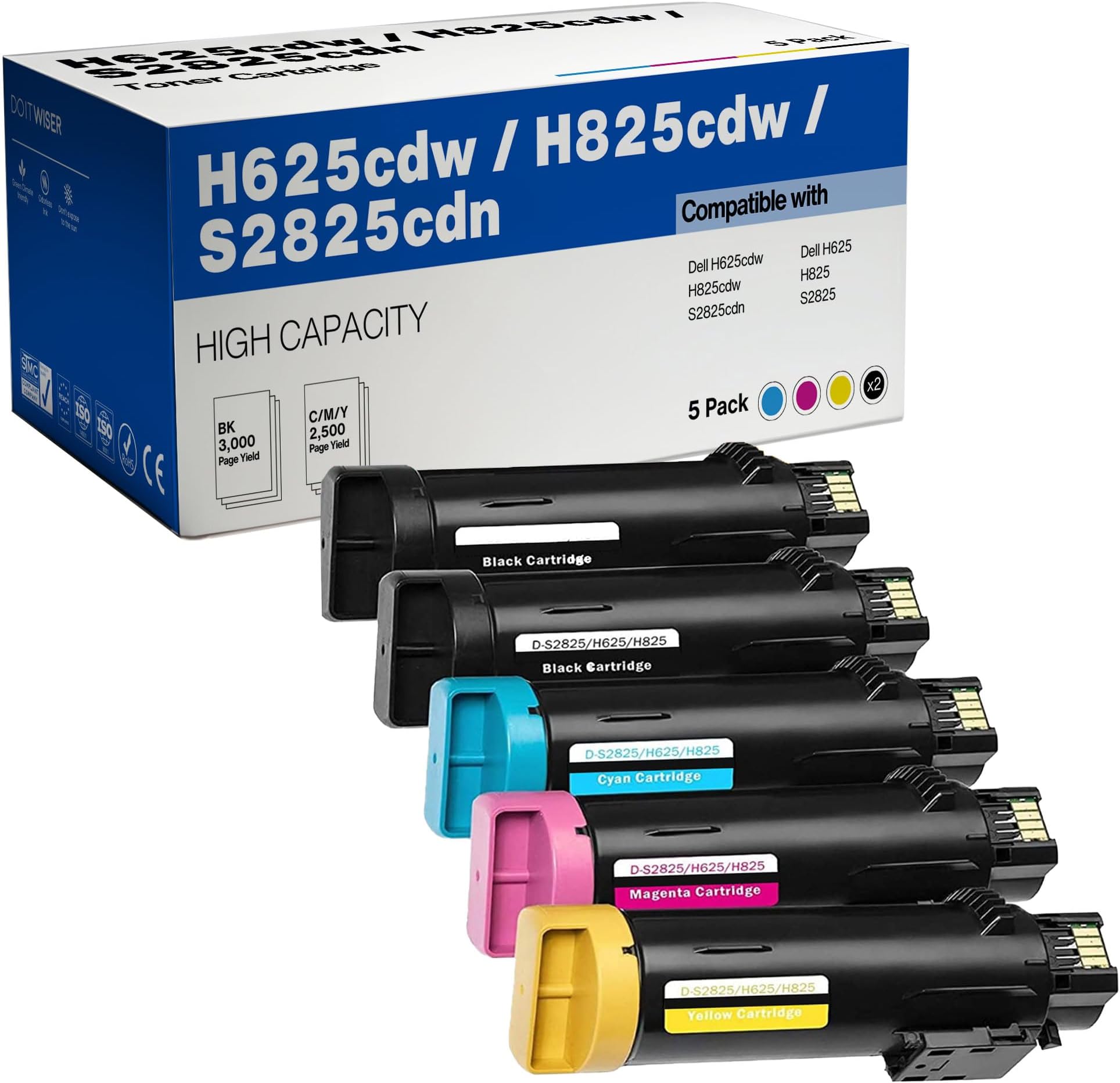 Do it Wiser Compatible Printer Toner Cartridge Replacement for Dell H625cdw H825cdw S2825cdn - High Yield Laser Cartridges 593-BBOW 593-BBOX 593-BBOY 593-BBOZ (2 Black 1 Cyan 1 Magenta 1 Yellow)